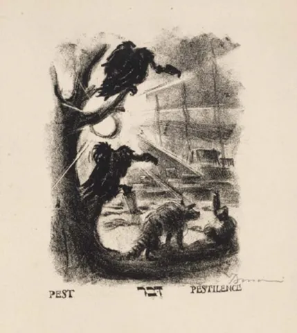 Lithograph print: Two vultures are perched on tree branches on the left side of the image. In the foreground, there is a wild dog with a striped tail, and in the background the suggestion of a city beneath a setting or rising sun.