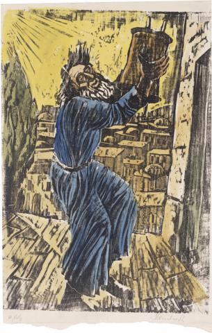 Woodcut showing a bearded man who holds up a Torah scroll and dances with it.