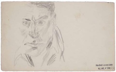 Pencil drawing of a male face looking directly at the viewer, stamp of Max Brod's Literary Estate at lower right.