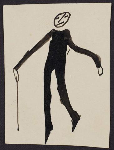 Ink drawing of a person with a walking stick.