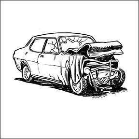 Drawing of a car that is badly damaged after an accident: the front is dented, the hood is open, the windshield is cracked.
