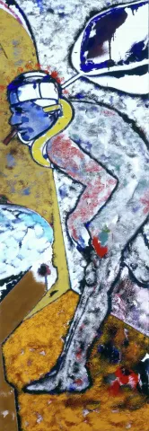 R.B. Kitaj's painting “Golem”: crookedly walking man with a blue face and head bandage in front of a blue, yellow and grey background.