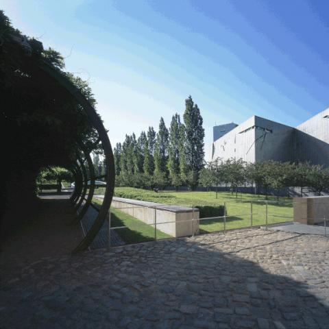 View into the museum garden, lawn, trees and part of the museum building behind.