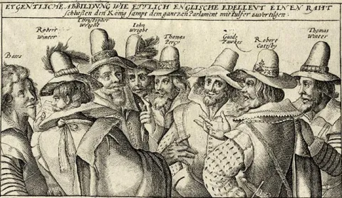 Kupferstich von acht Männern mit Hut, die miteinander diskutieren, darüber steht "Eygentliche Abbildung wie ettlich Englische Edelleut einen Raht schliessen den König sampt dem gantzen Parlament mit Pulfer zuvertilgen"