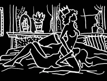 Schwarz-weiße Grafik: zwei Frauen beim Geschlechtsakt. Auf einem Stuhl stehen zwei Kerzen und ein Becher zum Schabbat.