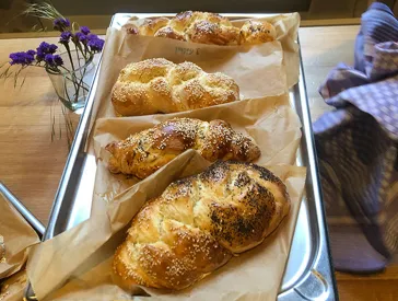 Ein Backblech mit vier Hefezöpfen, die mit Sesam und Mohn bestreut sind.
