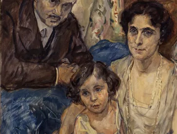 Painting shows a family of father, mother and child.