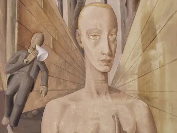 Painting, a man walks down a hallway.