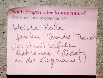 Post-it note: “What role do gender themes play? What’s the story with women rabbis? (And prayer at the Western Wall?)”