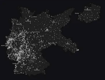 Screenshot: on a black background there are numerous bright markers. They give an idea of the outline of Germany within the borders of 1937