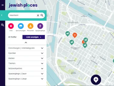 Screenshot: city map with markers and a menu bar
