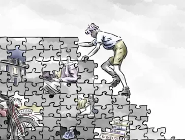The illustration shows a young man climbing a wall made of puzzle pieces.