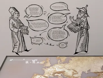 A drawing that can be seen on an exhibition wall: it shows two people and many speech bubbles. One person is marked as a Christian by his medieval clothing, the other as a Jew.
