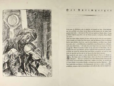 Open book with one page of text and a black and white lithograph of a violinist.