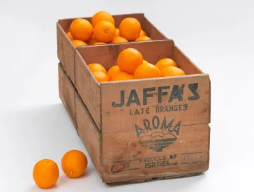 Braune Holzkiste mit Orangen, mit Jaffa-Schriftzug