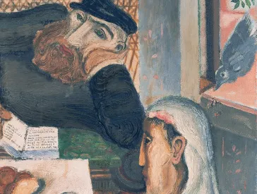 Detail from an oil painting with a lying man with a book in his hand and a woman with a headscarf at the table.