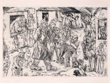 Schwarz-weiß Radierung auf Maschinenpapier: m Zentrum der Szene ist ein bärtiger Mann mit Stiefeln, Mütze und Mantel zu sehen, der von Kindern und zahlreichen Menschen umringt durch die Straßen eines Schtetls geht und auch die Aufmerksamkeit zahlreicher aus dem Fenster schauender Menschen auf sich zieht. Dem Titel der Radierung zufolge ruft er die Schtetlbewohner zum Schabbatgebet zusammen.