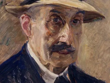 Painting of a man wearing a suit and a straw hat.