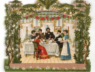 Colorful wafer picture showing a family eating and celebrating in the sukkah.