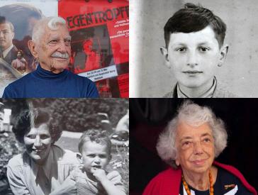 Portraits of several people: top left: color photo of an older man with grey hair and moustache, top right black and white photo of a boy with dark hair, bottom right color photo of an older lady, bottom left black and white photo of a younger woman with a small child.