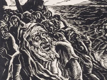 Print: a man stands in a crowd of people.