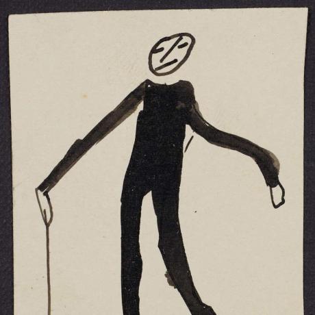 Ink drawing of a person with a walking stick.