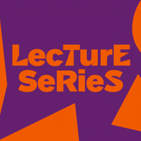 Graphic: The word Lecture Series several times in orange letters on a purple background.