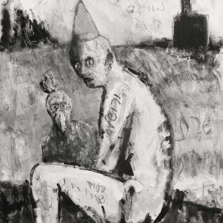 Black and white painting with a human, naked, seated figure with a conical hat and a bird next to him, a smoking chimney in the background.