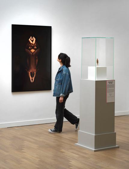 Exhibition view, shows a photograph on the left wall, in the middle of the room is a display case with a small figure.