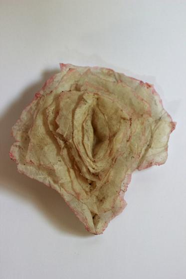 Das Bild zeigt eine vulvenförmige Arbeit aus Papier der Künstlerin Na'ama Snitkoff-Lotan.