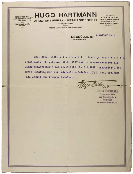 A typewritten reference with letterhead and handwritten signature of Hugo Hartmann, he was "satisfied at all times. Miss Levy leaves work only because of illness."