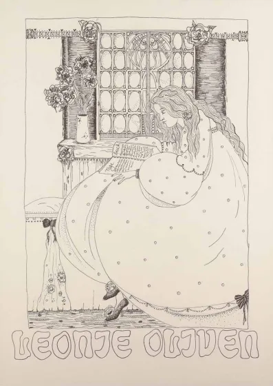 Drawing of a young woman leafing through a diary. She is sitting inside in front of a window