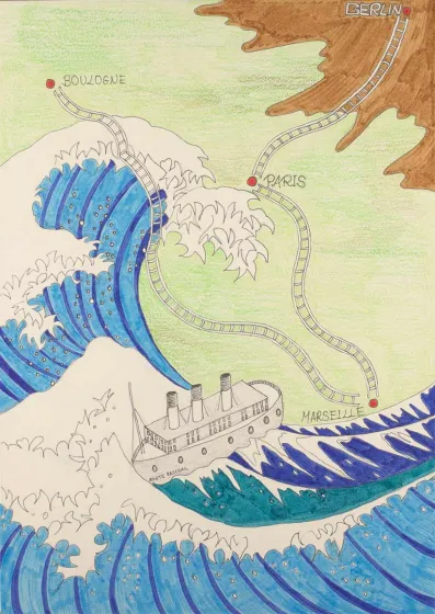 On the lower left in the foreground of the picture is a huge drawn wave threatening a small ship below it. Further up is a section of Europe with railroad tracks drawn in, they connect the stations of Berlin, Paris, Marseille and Boulogne