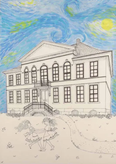 Drawing showing two girls holding hands and dancing in the garden in front of stately villa