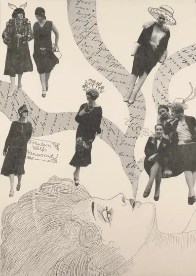 At the bottom of the image, the face of a reclining woman is drawn in profile. From her mouth flow pasted text elements, around which are grouped in the upper part of the artwork pasted fashion photographs of young women