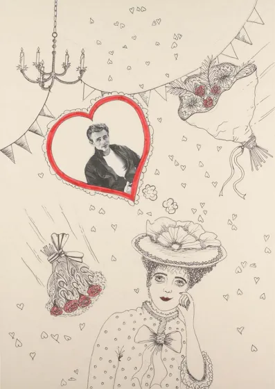 Drawing of a young woman, around her are some bouquets of roses, many small ones and a big heart. In the big heart was pasted a photo of James Dean