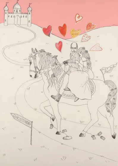 The drawing shows a man and a woman riding a horse along a path leading towards a city gate. Around them are many hearts and a signpost with the inscription “Charlottenburg”