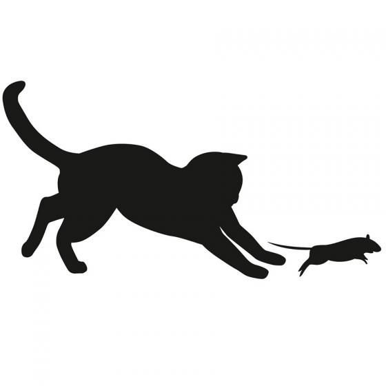 Black silhouette of a cat chasing a mouse on a white background.