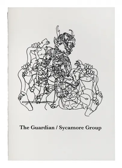 Black abstract line drawing of a figure with multiple limbs, faces, and animal features