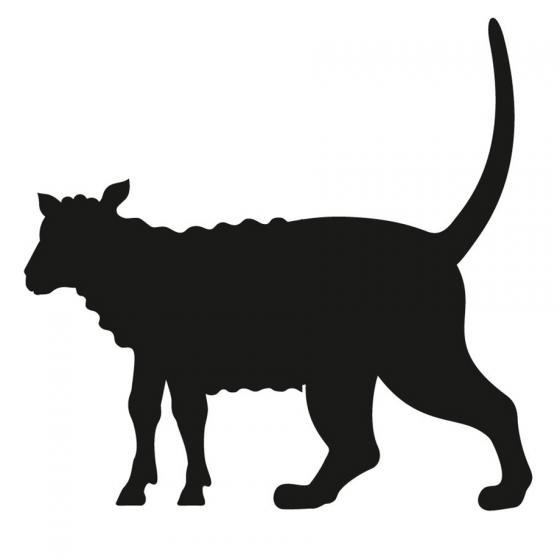 Schwarze Silhouette einer Lammkatze auf weißem Hintergrund.