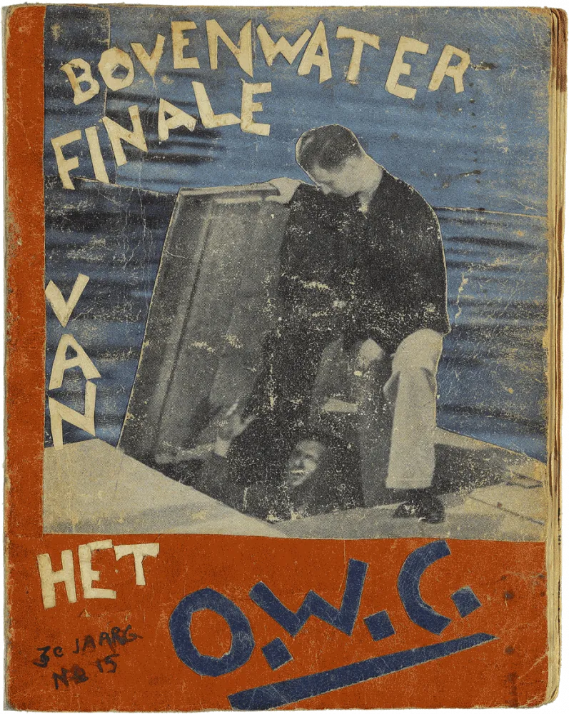 Front cover of the magazine Het Onderwater Cabaret, issue dated 3 April 1945, with a red and blue collage of a man emerging from a hatch, holding it open for another man to follow him out.
