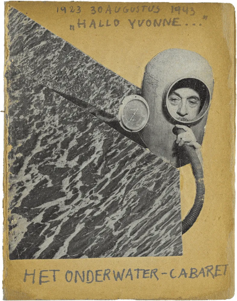 Front cover of Het Onderwater Cabaret magazine, issue dated 30 August 1943, showing a collage of the sea and the head of a man who appears to be a diver.