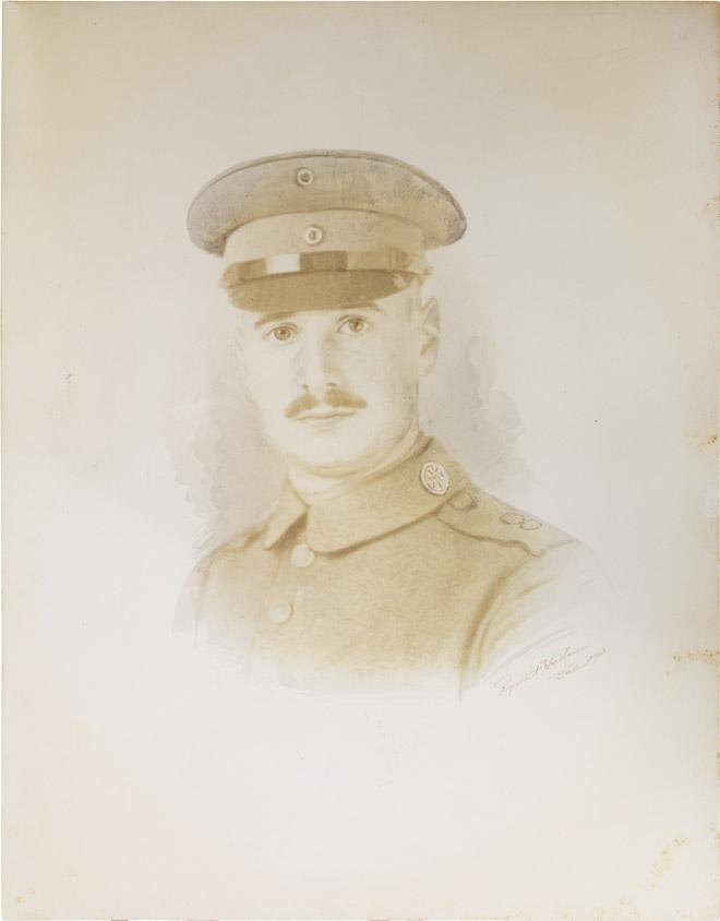 Black-and-white photograph: Portrait of a soldier in uniform