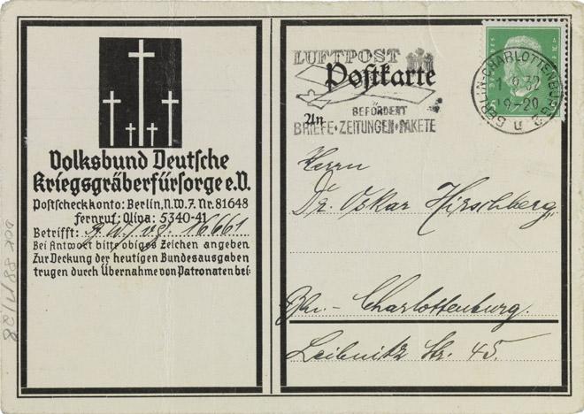 Postkarte, Vordruck, handschriftlich ausgefüllt, Briefmarke mit Poststempel, Logo des Volksbunds 