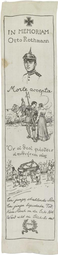 White silk ribbon, printed with iron cross (top), three illustrations and a victory wreath with the year 1914 (below)