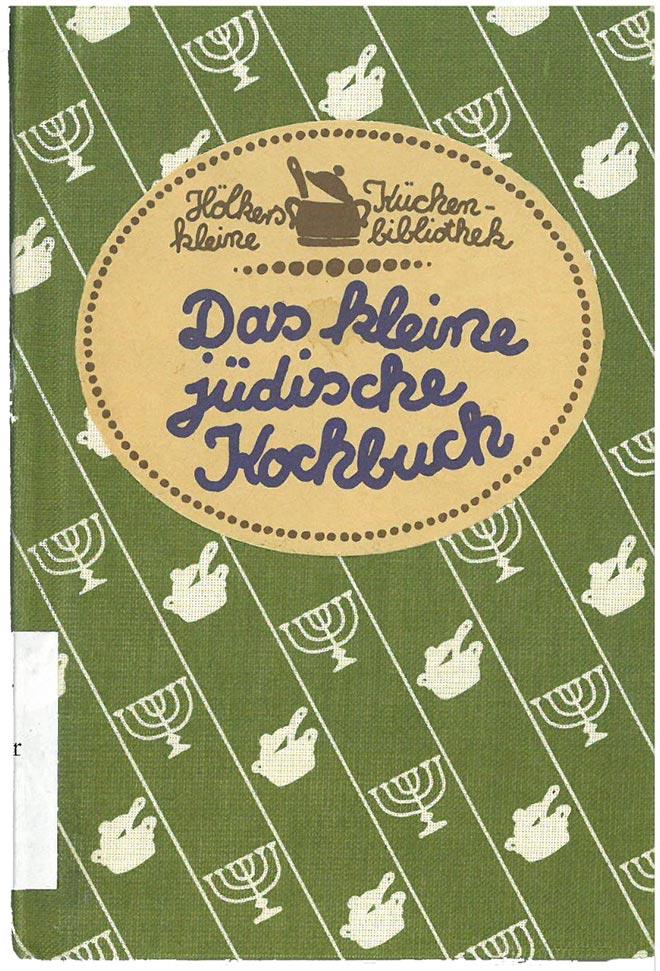 Grünes Buchcover mit einem Muster aus Menoras und Kochtöpfen