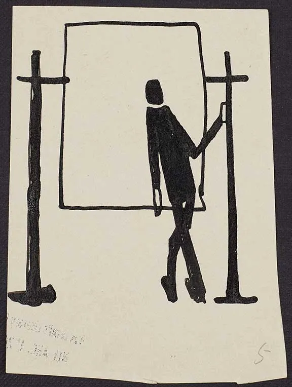 Line drawing of a person standing in front of a frame and holding on to a pole with one arm.
