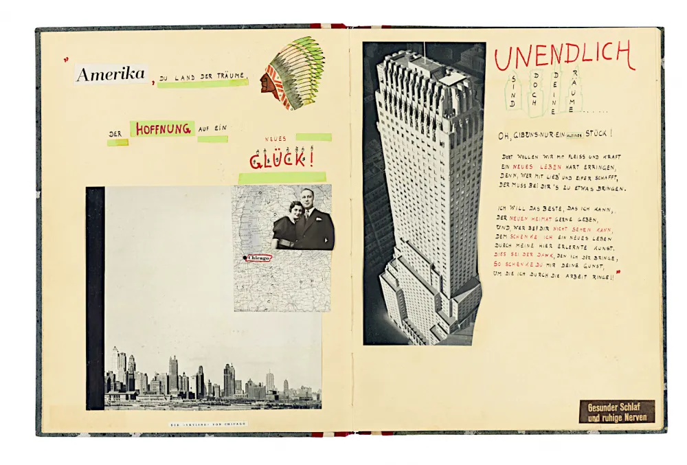 Opened album with pictures of the Chicago skyline, a skyscraper and a painted head with feather decoration as well as handwritten text.