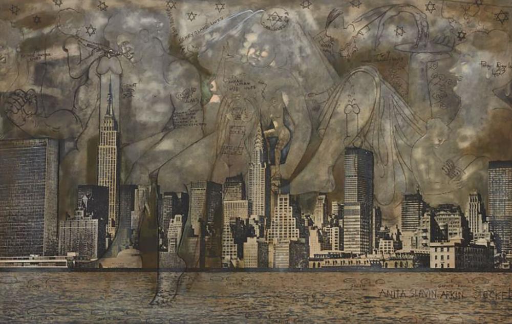 Das Bild zeigt eine Zeichnung in grau-braunen Tönen, die eine Silhouette von New York in Flammen zeigt. Die Künstlerin heißt Anita Steckel.
