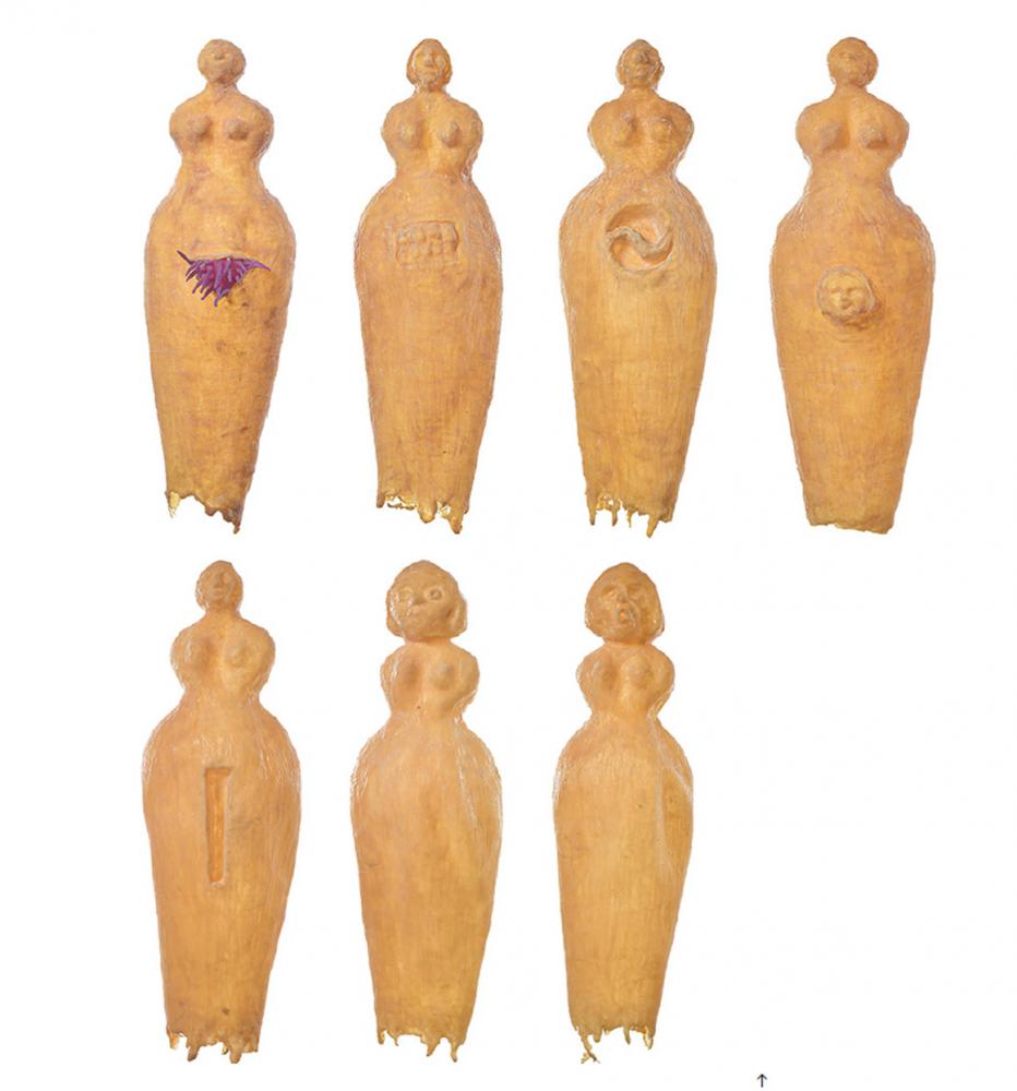 The iamge shows the art work The Scourge by Gabriella Boros, seven female bodies made of clay.